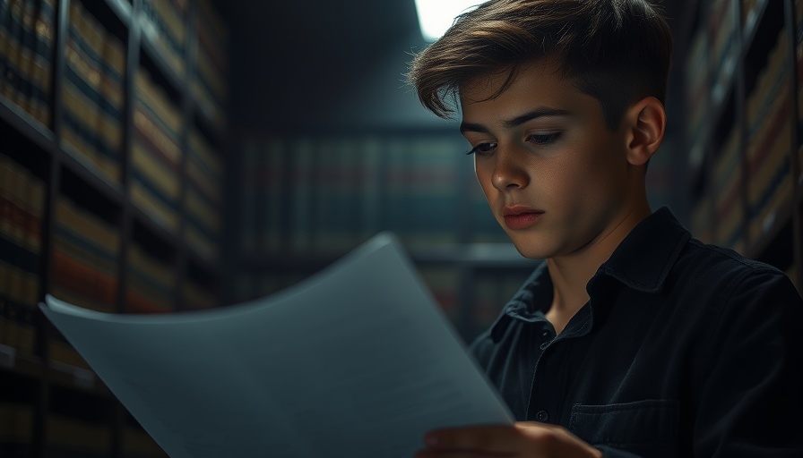 Somber young person reading legal document on criminal responsibility.