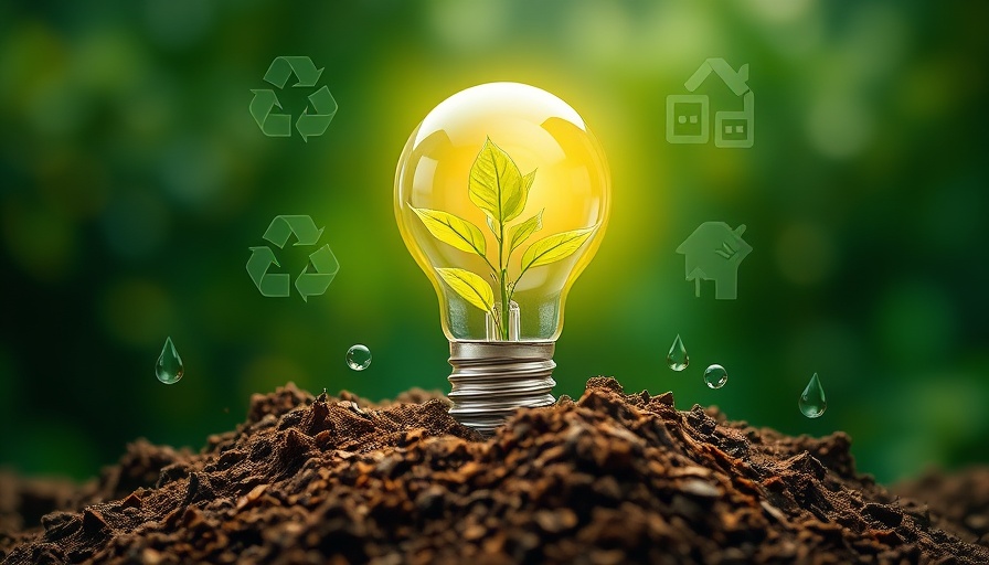 Sustainability concept with plant in a light bulb on soil, eco symbols.
