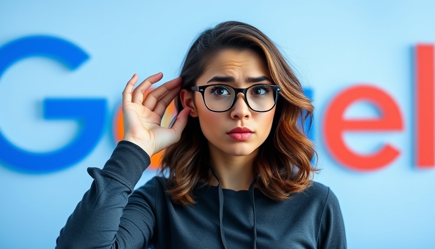 Confused woman listening in front of Google logo, vibrant background.
