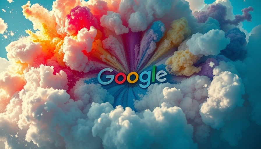 Google logo with an explosion effect and colorful clouds.