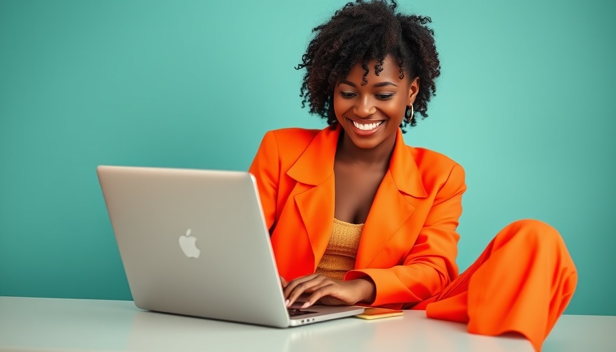 Young woman in orange outfit using laptop for influencer marketing strategies 2025.
