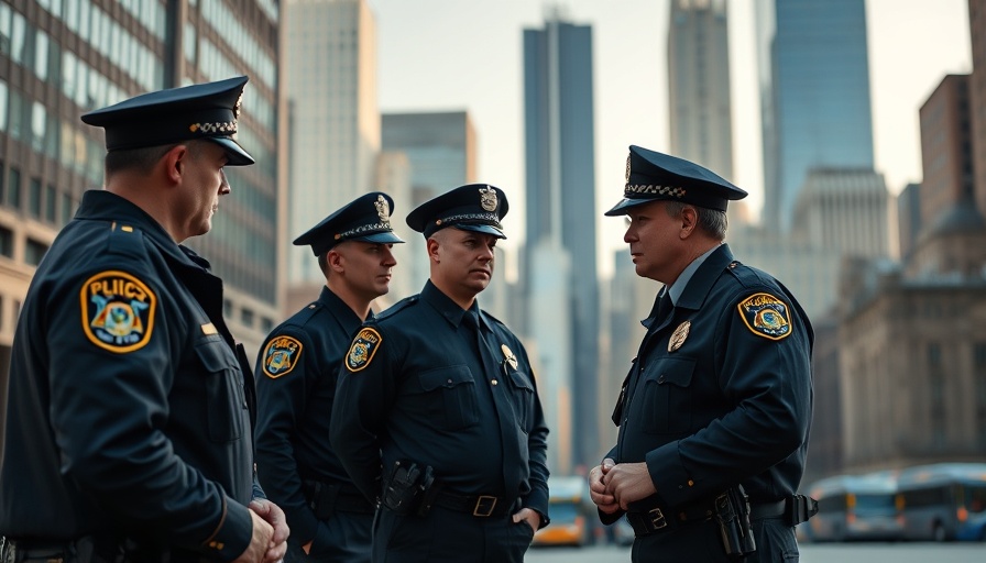 Chicago police reform scene with officers in cityscape.