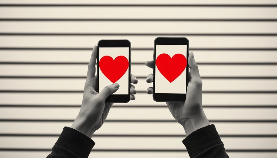 Monochromatic smartphones with heart icons for AI tools in vet social media strategy.