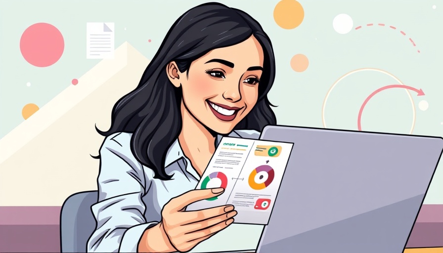 Young woman using a laptop; tablet shows infographics. Create Infographics in PowerPoint.
