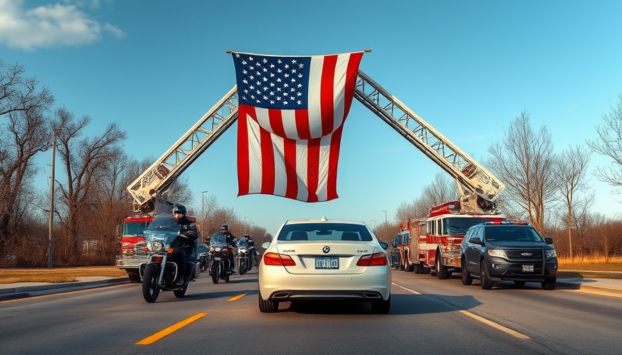 Police escort procession under American flag, illustrating police officer safety.