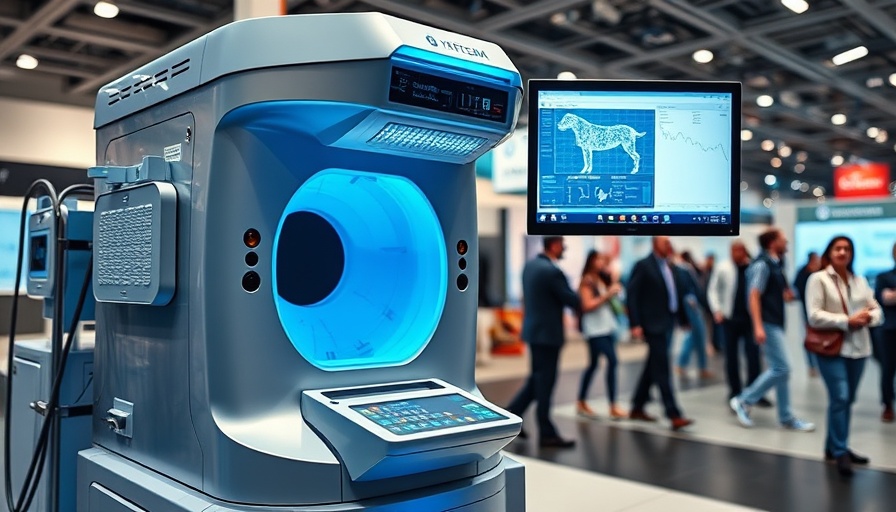 Veterinary diagnostic AI technology at an exhibition, modern equipment display.