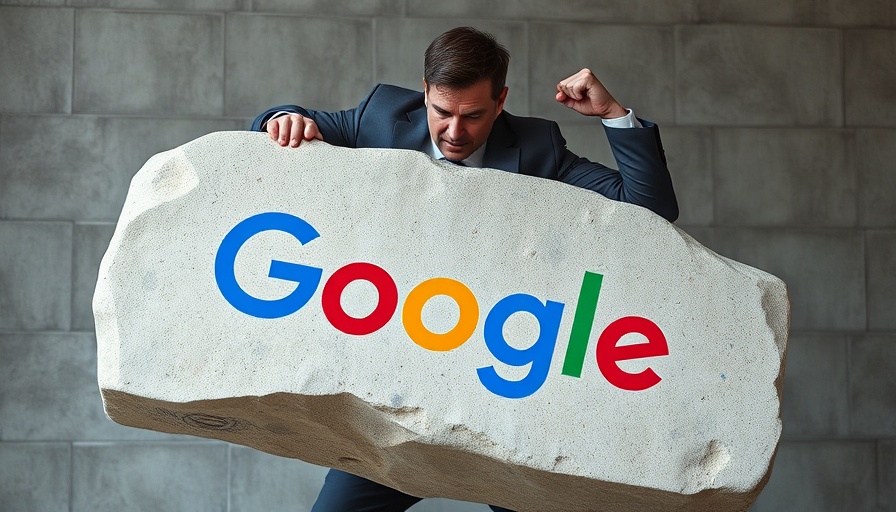 Man lifting giant Google logo stone, symbolizing Google AIO Expansion