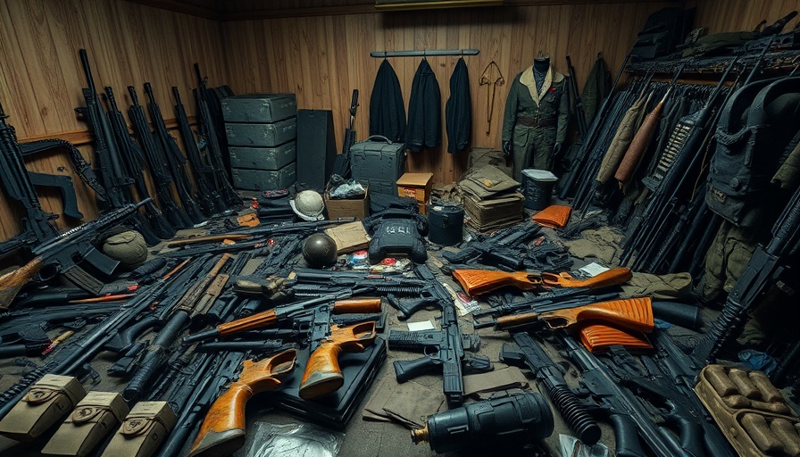 Disorganized weapons and gear illustrating policing strategies against violent threats.
