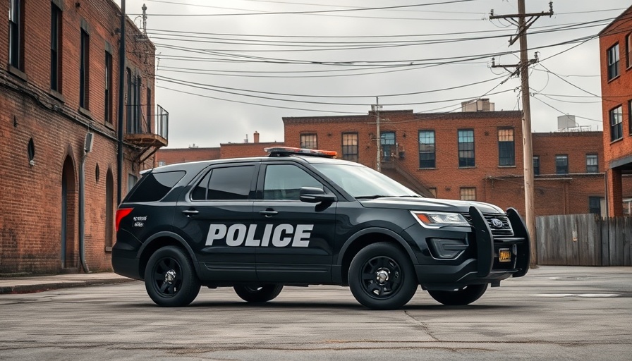 Black police SUV outdoors amid urban buildings under cloudy sky.