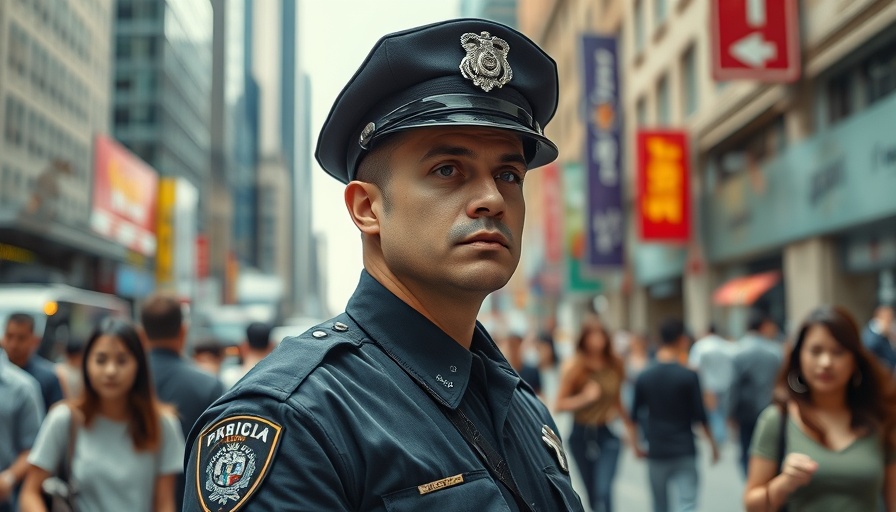 Thoughtful police officer observing city street, symbolizing police reform.