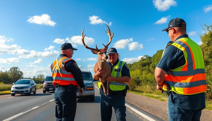 Police officers and man with deer on roadside in daylight.