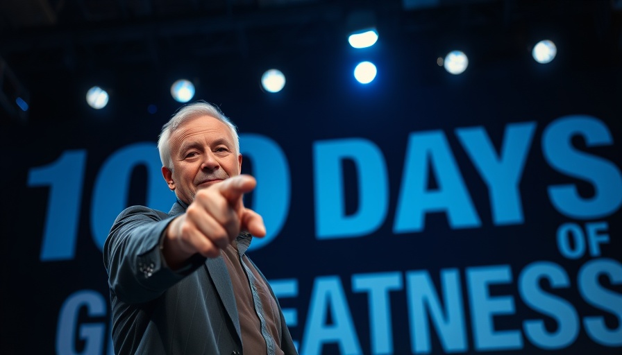 An assertive man pointing confidently at an event with bold '100 Days of Greatness' text.