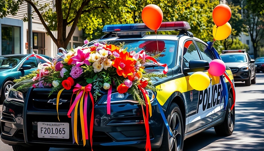 Memorialized police car with flowers; officer wellness tribute.