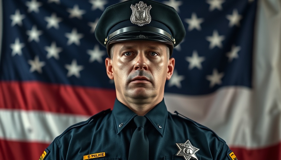 Police officer portrait with American flag background.