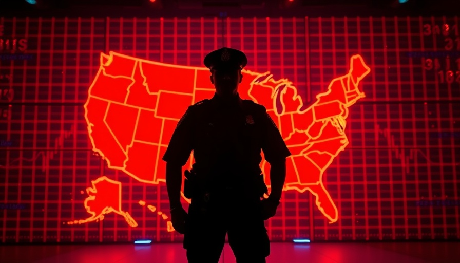 Silhouetted officer and US map in futuristic red glow, best states for police officers.