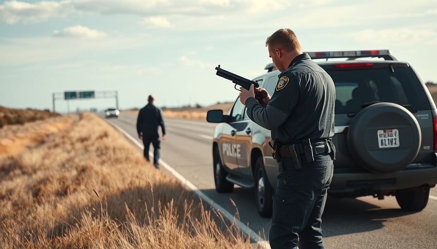 Police Use of Force: Officer with weapon by police car during roadside incident.