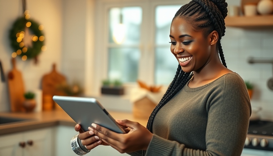 Woman smiling while browsing tablet at home, Facebook ad specs 2025.