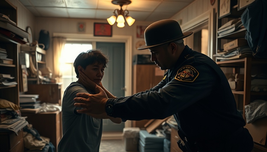 Police officer engaging in mental health crisis intervention, dramatic scene.