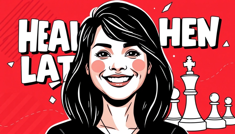 Stylized portrait with red geometric background, related to marketing.