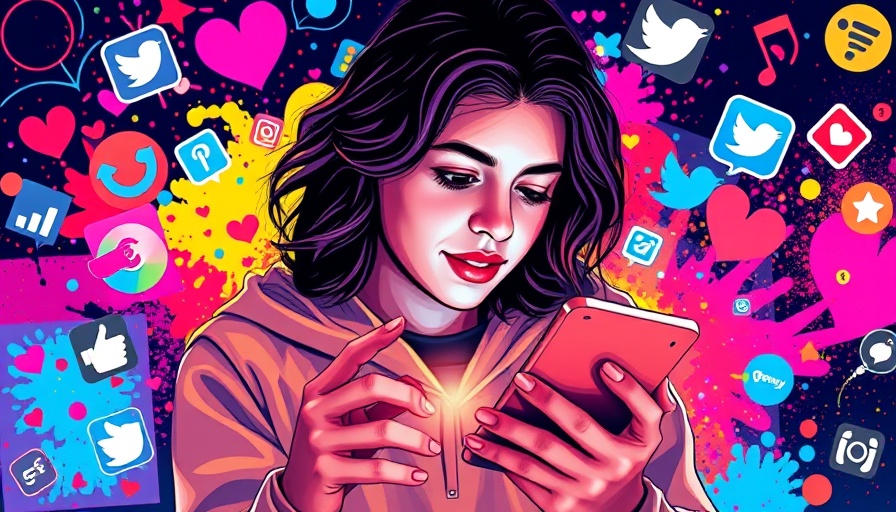 Young person engaging on social media platform, surrounded by icons.