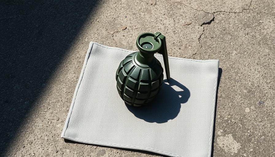 Realistic grenade on textured surface in police news context.