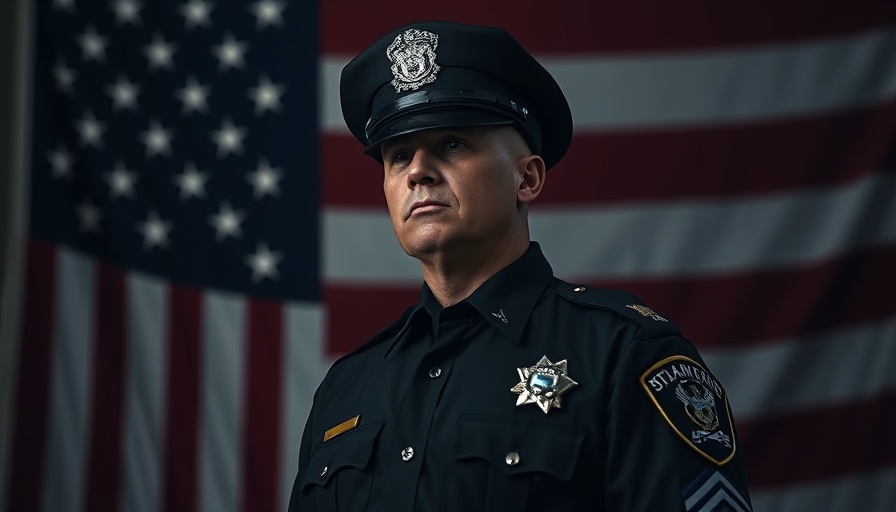 Solemn police officer conveying respect against flag, Police officer safety.