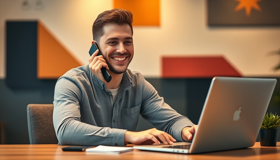 Cheerful man using laptop and phone, discussing best lead generation tools for veterinary clinics.