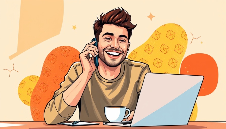 Cheerful man using phone and laptop for lead generation tools for MedSpas.