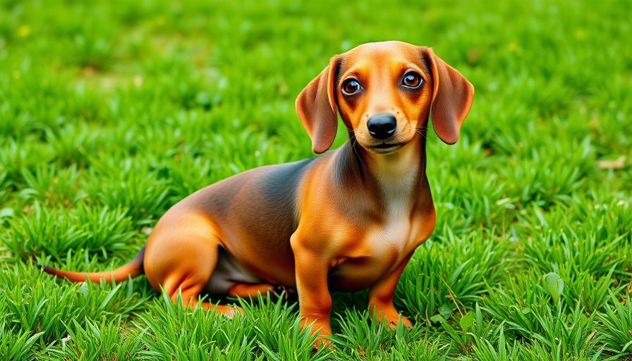 Dachshund sitting on grass, relevant to canine intervertebral disc disease.