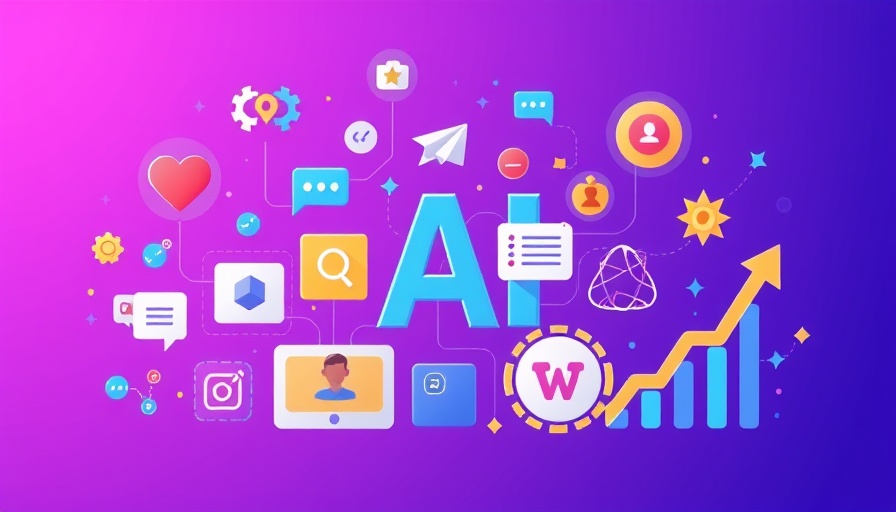 AI writing tools concept with diverse icons on purple background.