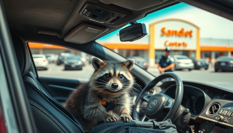 Raccoon in dismantled car during police incident, daylight.