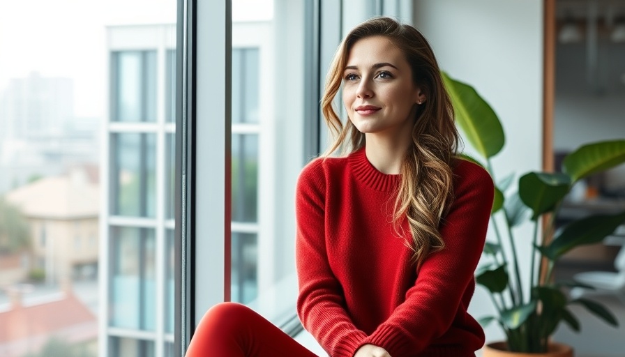 Stylish woman in red sweater near window, modern office setting.