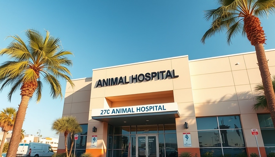 Modern animal hospital entrance under clear blue sky.