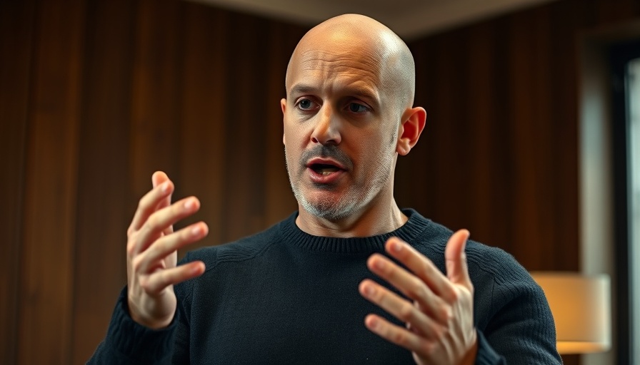 Man speaking passionately indoors in front of wood paneled wall.