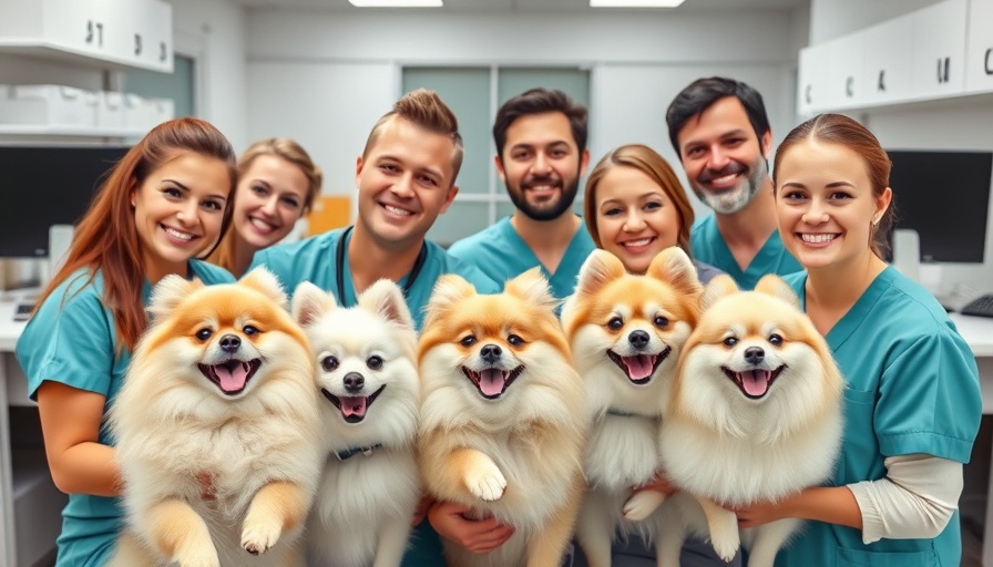 Veterinary team with Pomeranians in clinic smiling for a selfie.