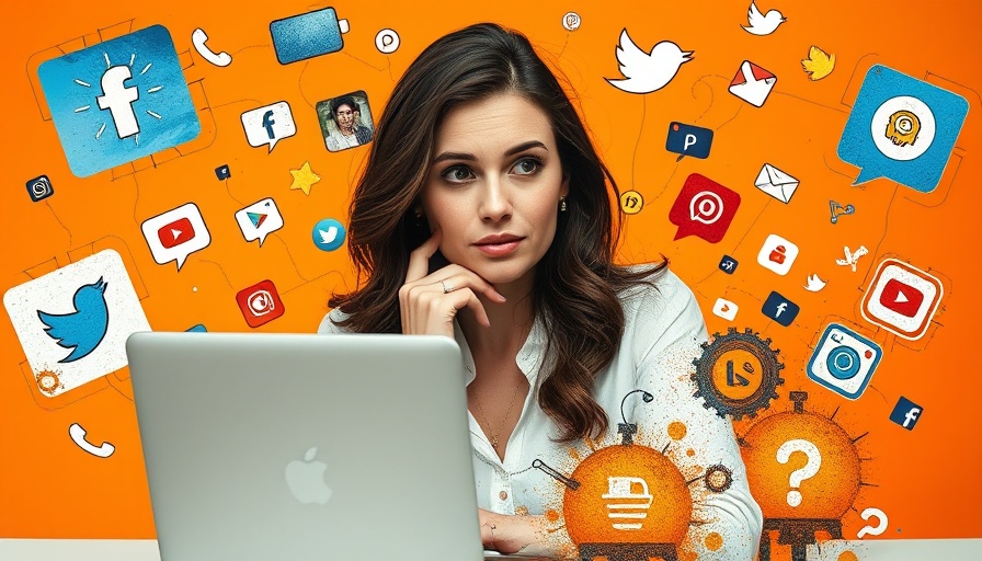Digital art depicting a woman with social media tools for MedSpas on orange background.