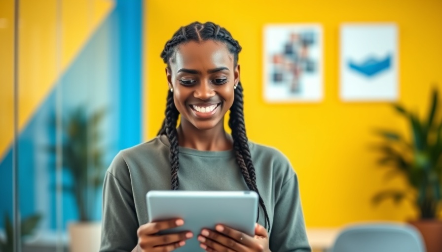 Smiling woman with tablet in a modern digital workplace.
