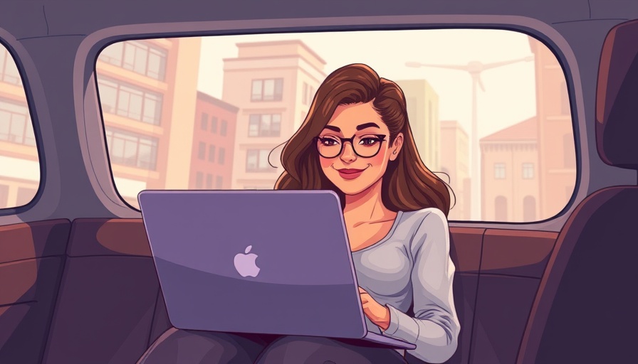 Woman working on a laptop in a vehicle, cartoon style, structuring your veterinary business