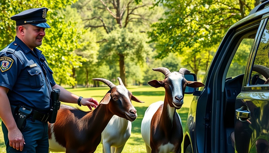Police officer and man assisting goats in nature setting.