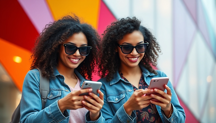 Smiling women sharing content on smartphones, colorful design backdrop.