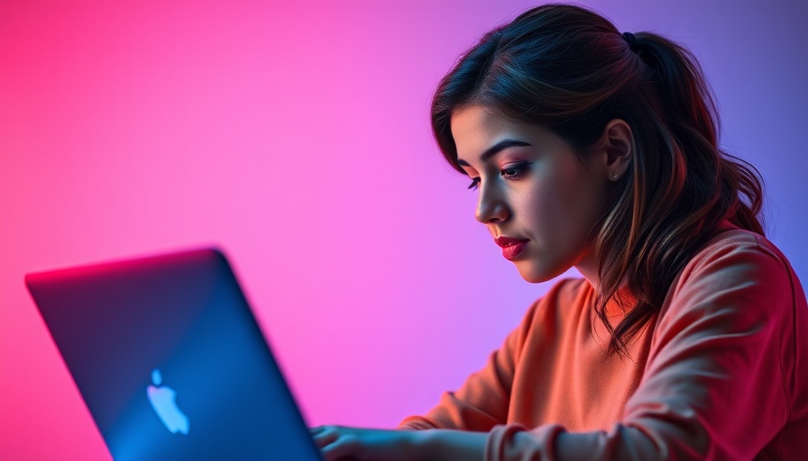 Young woman using a laptop with vibrant gradient background, representing AI tools.