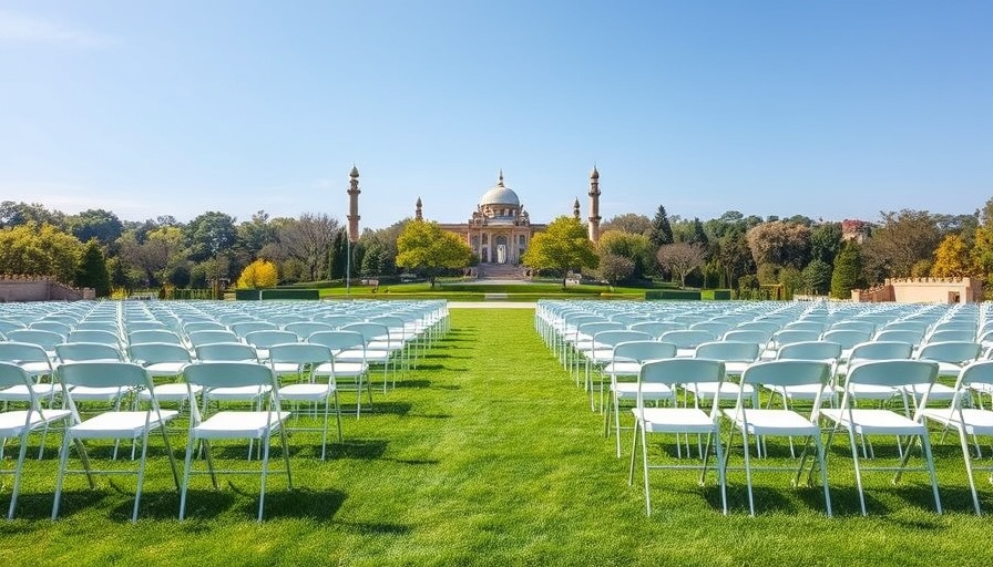 Event setup with empty chairs in park, community trust in policing.