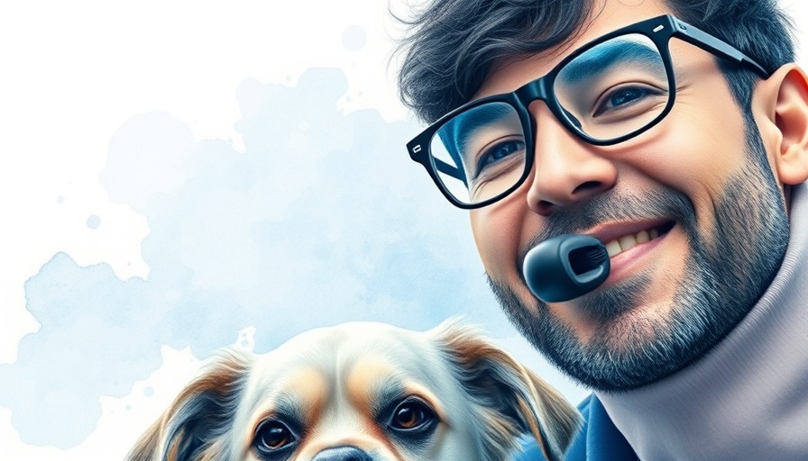 Man with glasses and a calm dog next to him at a conference.