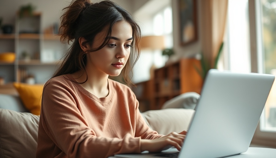 Young woman with black Labrador indoors with laptop.