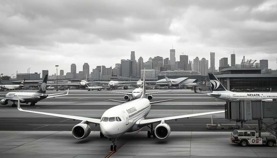 Airplanes at Newark Airport with city skyline backdrop, highlighting telecom issues.