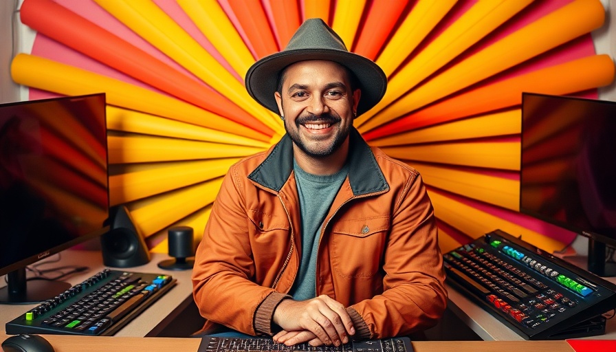 Vibrant composition with smiling man in creative marketing setting.