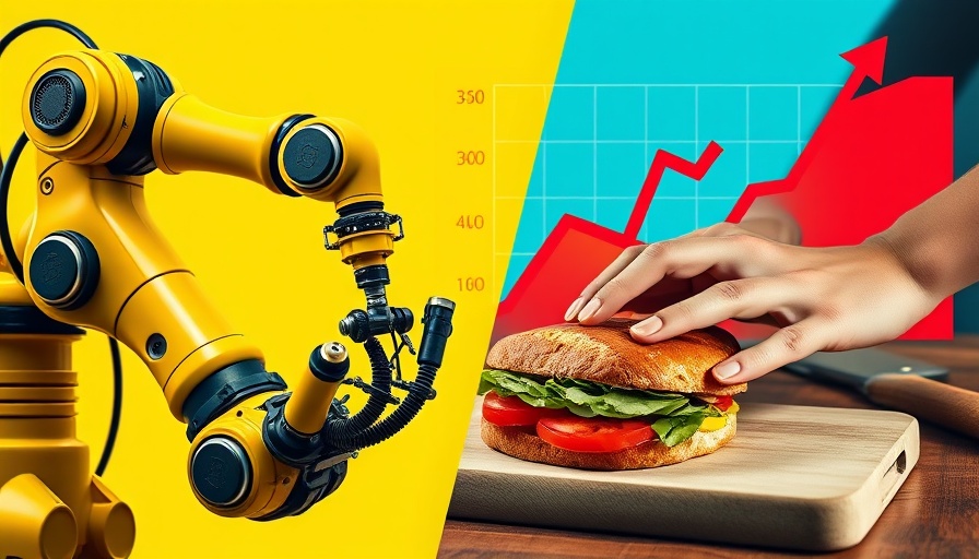 Pop art style image representing automation in veterinary clinics with robotic arm and data graph.
