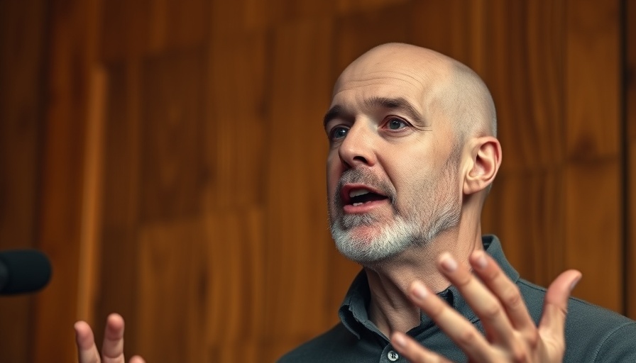 Speaker passionately presenting in front of wood paneling.