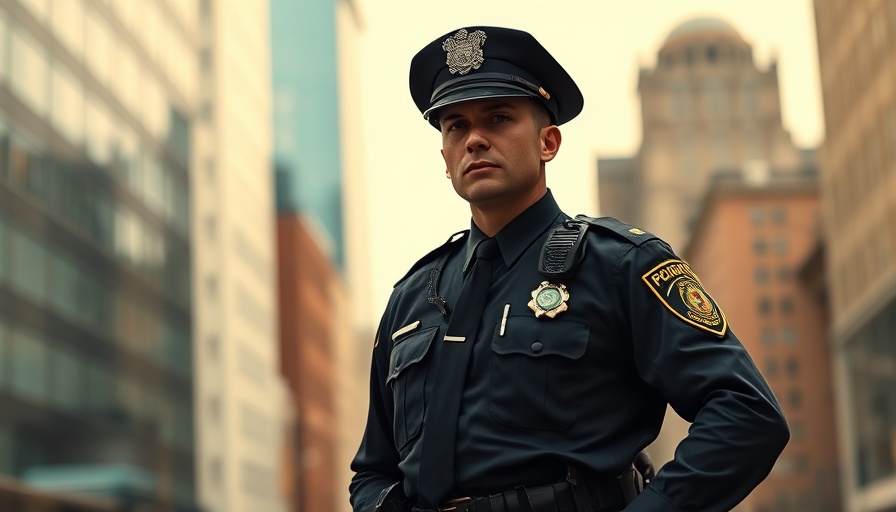 Police officer in uniform with cityscape, exploring copaganda in media.