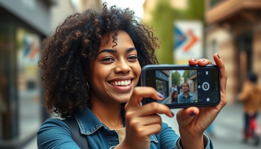 Young woman recording Instagram reel on smartphone outdoors.